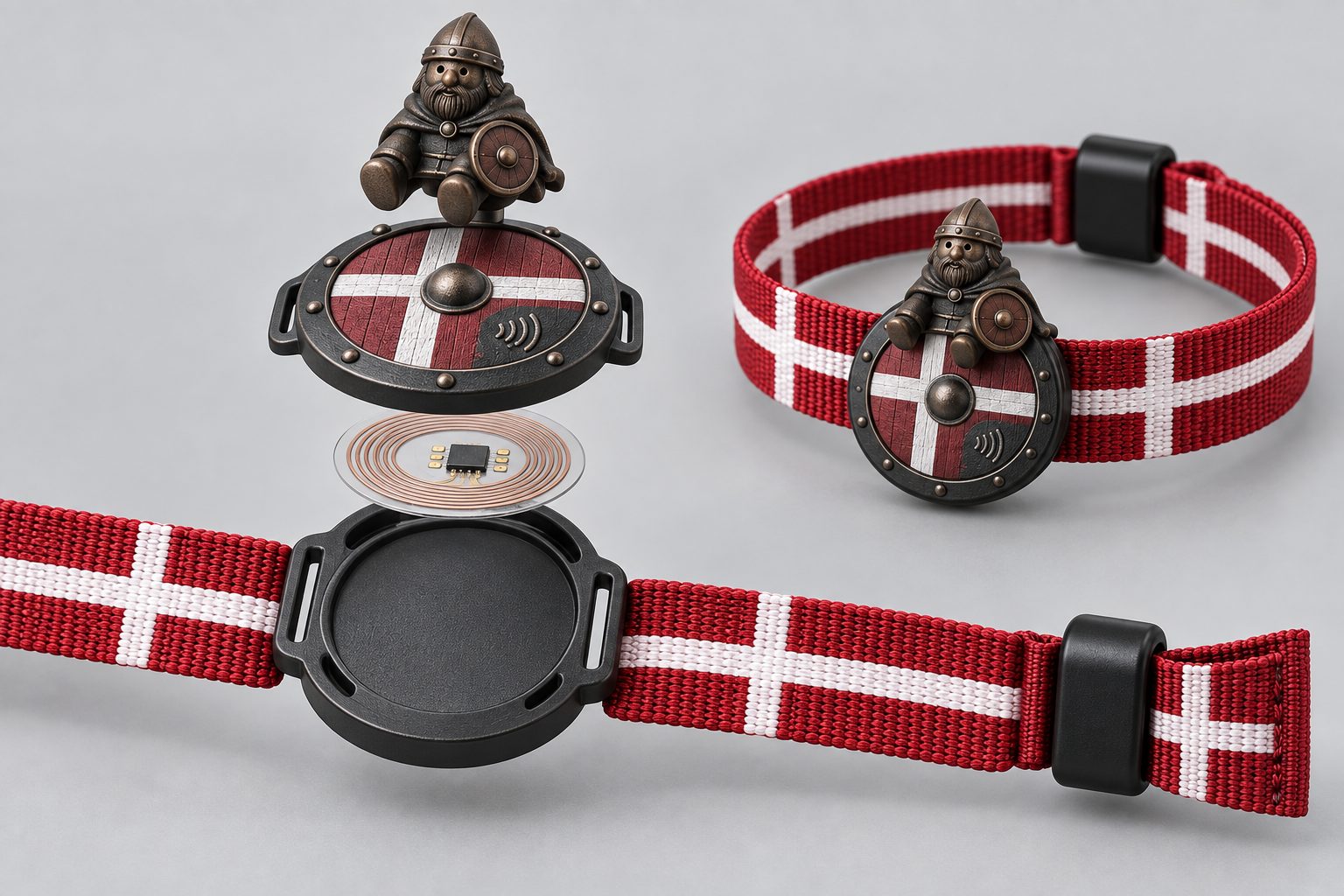 The band taken apart: the bronze viking lifts off the shield, which holds the contactless chip, which sits in a black base woven into the red and white strap. Beside it, the band assembled.