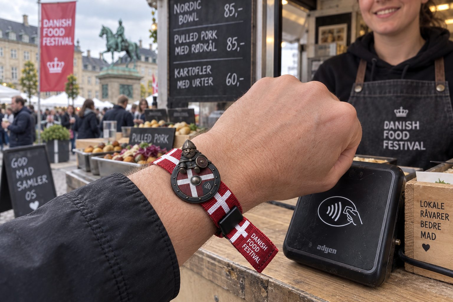 A wrist wearing the festival band — a red and white woven strap with a bronze viking shield holding the chip — held against a contactless reader on a wooden stall counter.