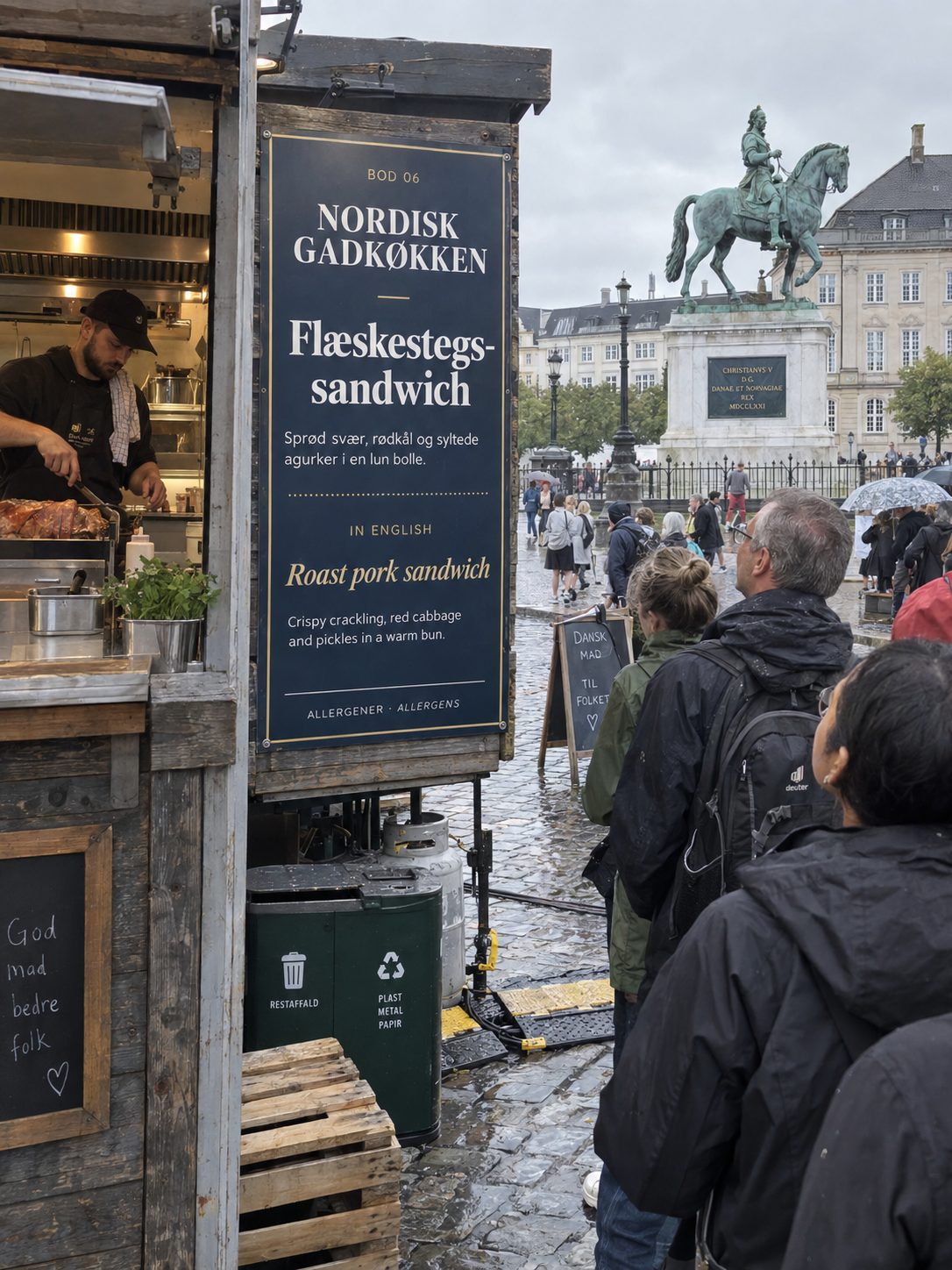 Close-up of a stall sign: a dark blue board reading Nordisk Gadkøkken, Flæskestegs-sandwich with a short Danish description, a dashed line, and the same in English below. Behind it, the equestrian statue and people queueing in the rain.