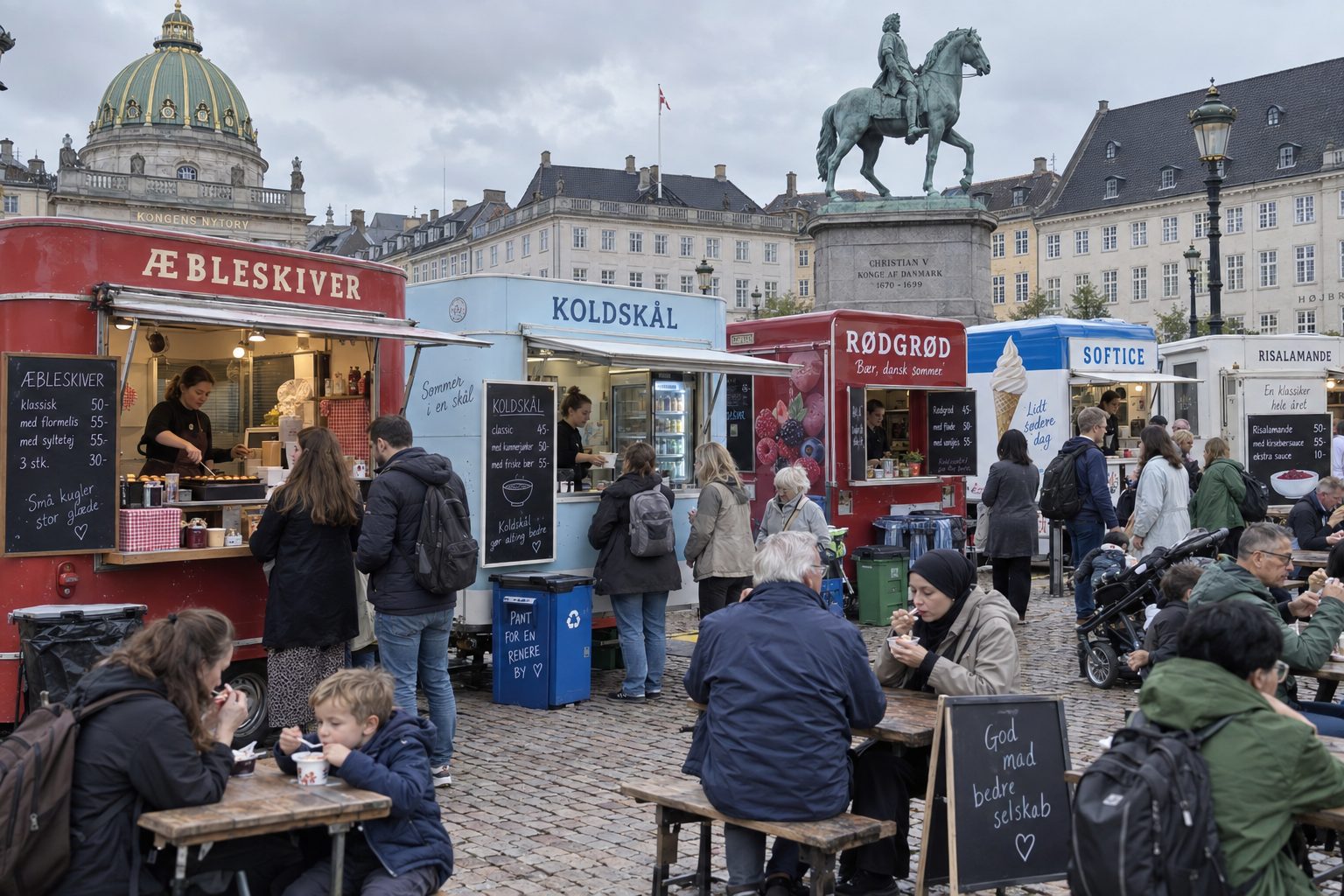 The dessert row: a red Æbleskiver wagon, a pale blue Koldskål trailer, a Rødgrød stall, a Softice van and a Risalamande stand, with families eating at tables.