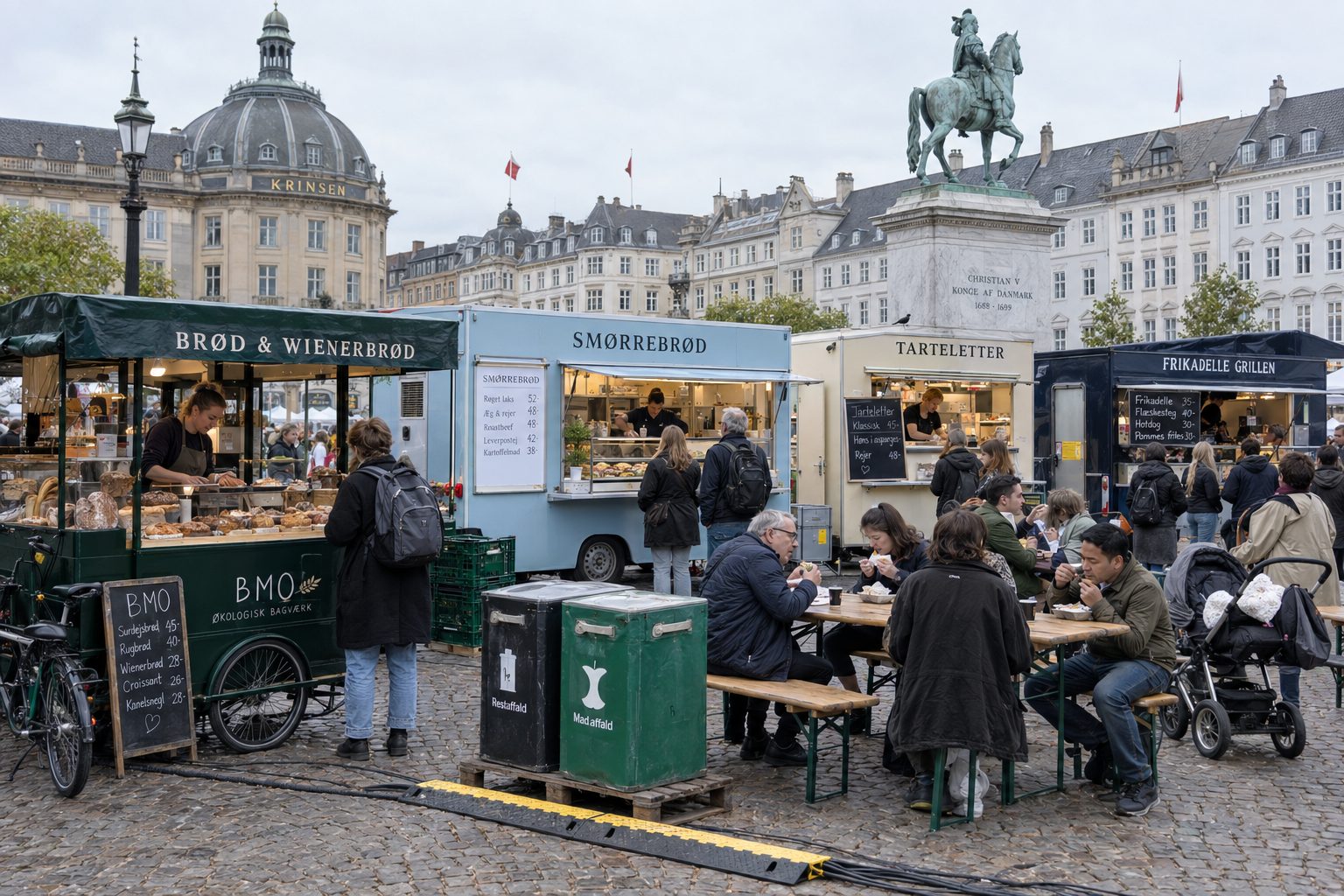 Food stalls on Kongens Nytorv on an overcast day. A bread cart, a pale blue smørrebrød trailer, a tarteletter stall and a frikadelle grill stand in a row, with people eating at long benches and the equestrian statue of Christian V behind them.