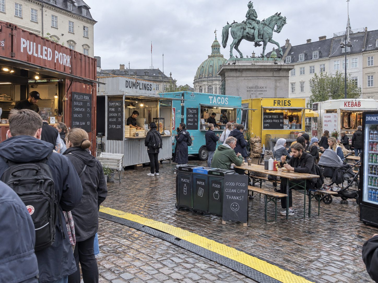 Modern stalls at the festival, with the equestrian statue and the buildings of Kongens Nytorv behind them.