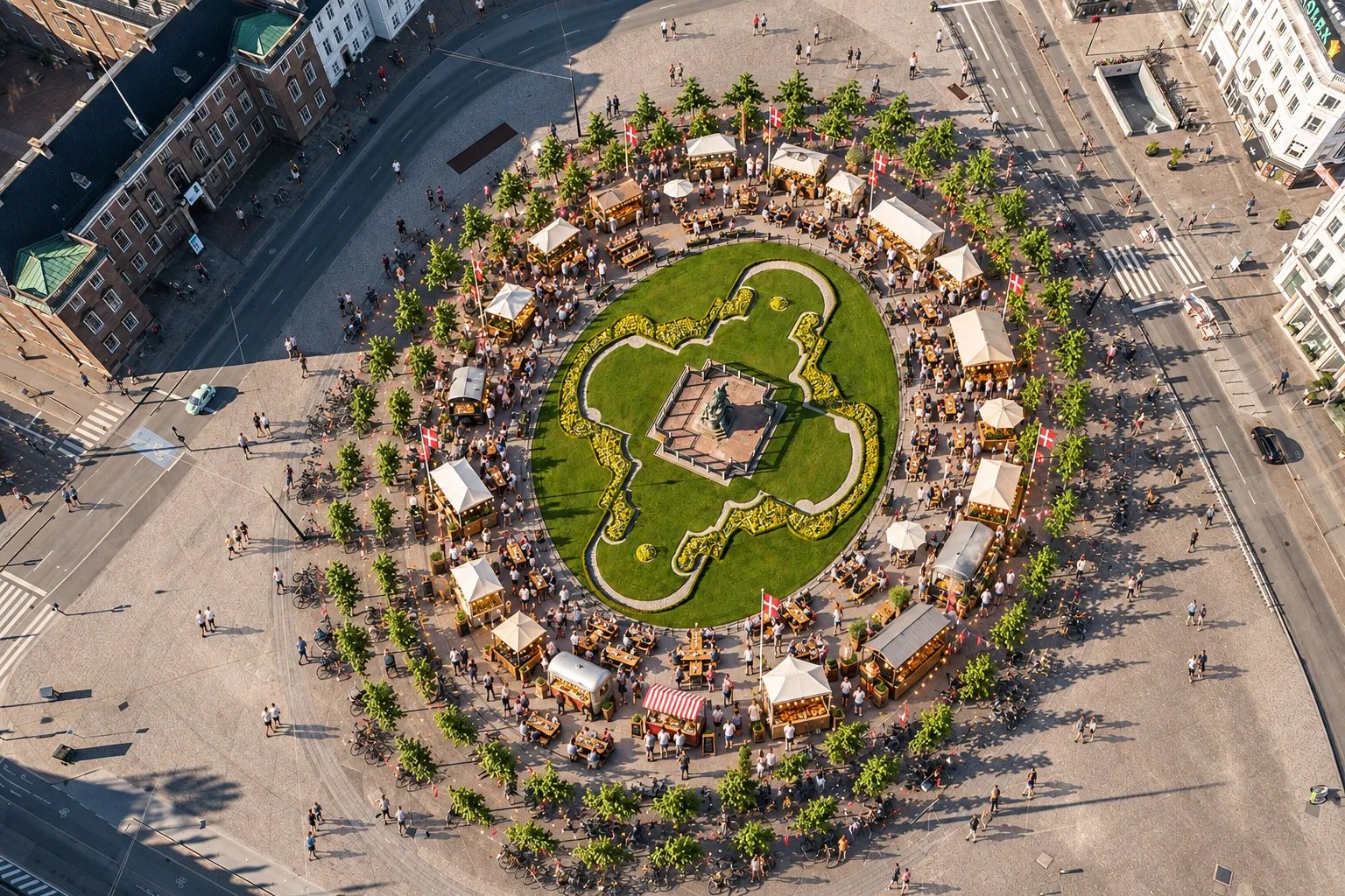 Kongens Nytorv seen from above. The thirteen stalls stand in an unbroken ring around Krinsen, the oval lawn with the equestrian statue at its centre, with tables and benches between the stalls and the lawn.