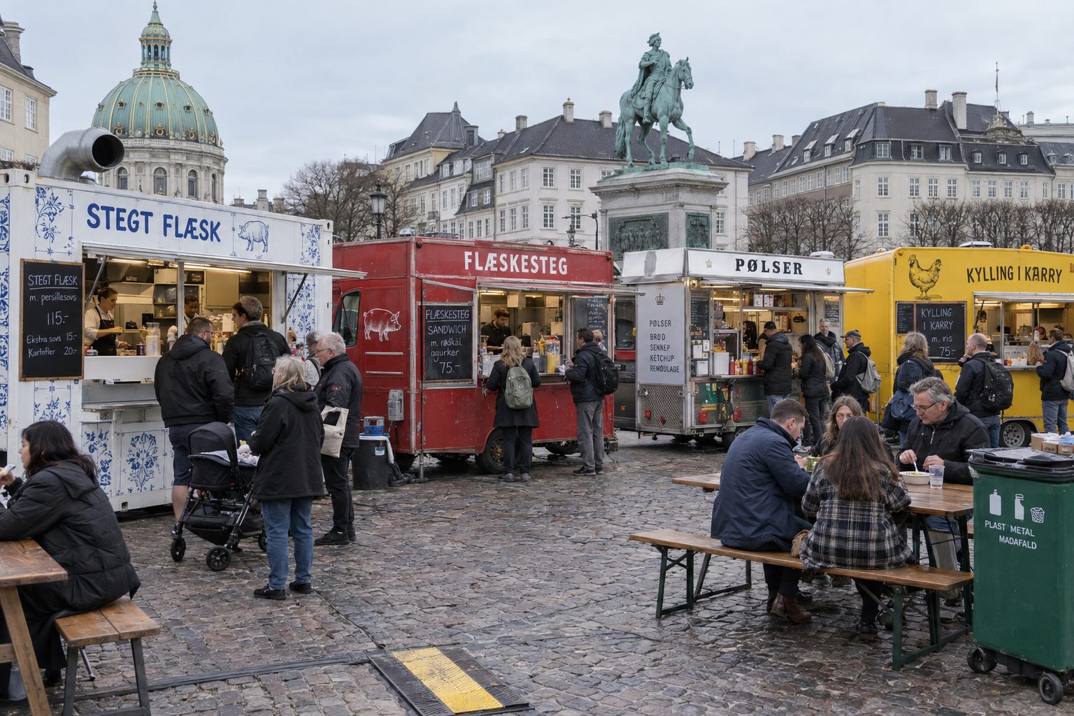 The hot plate row: a blue-and-white stegt flæsk stall, a red flæskesteg truck, a pølser cart and a yellow kylling i karry trailer, with people queueing and eating at benches.